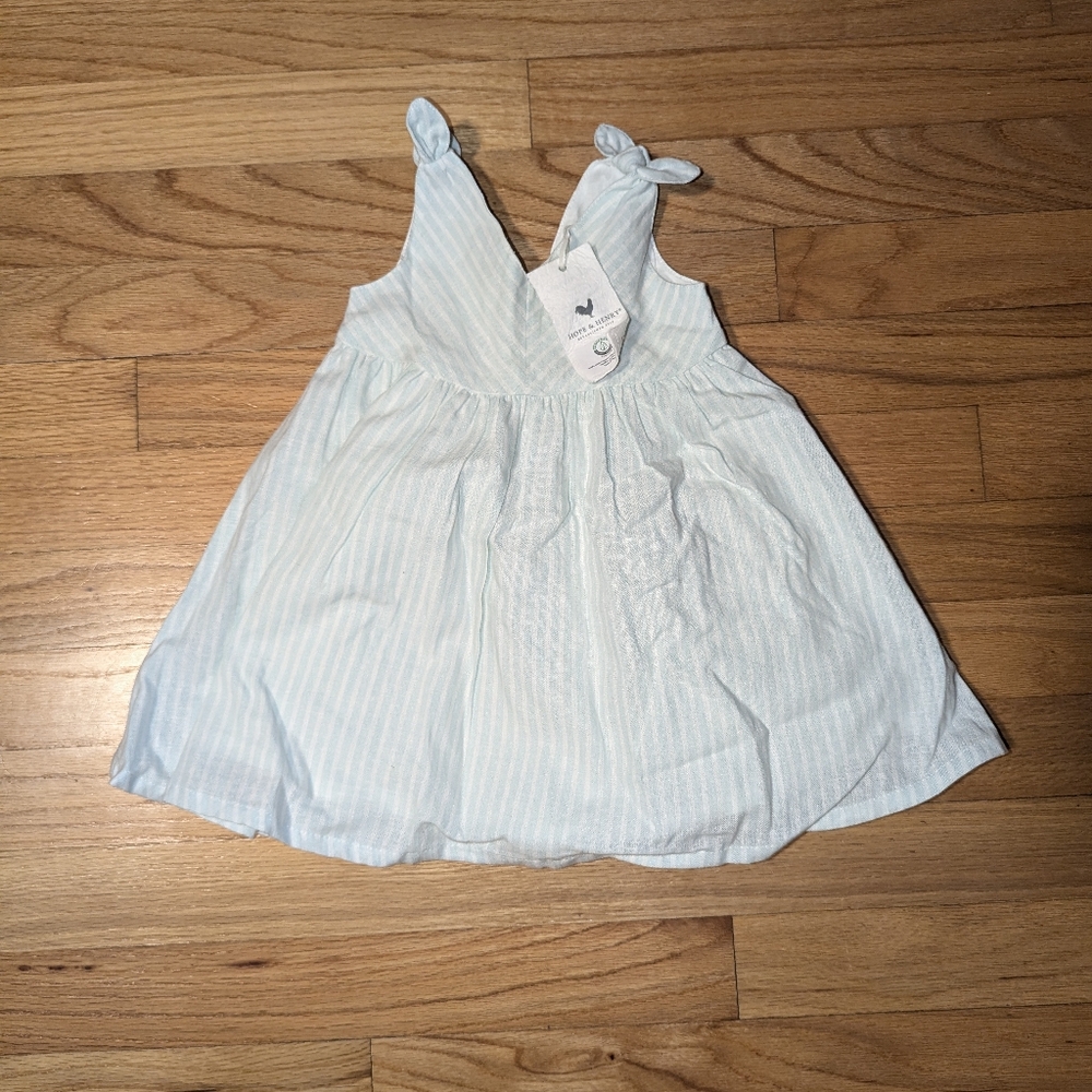 Hope & Henry Mint & White Bow Strap Dress Summer Linen Dress GIRLS 6-12M